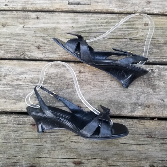 Vintage 90s y2k Black Leather Square toe Bow Front Slingback Wedge Sandals 8 - Picture 3 of 9
